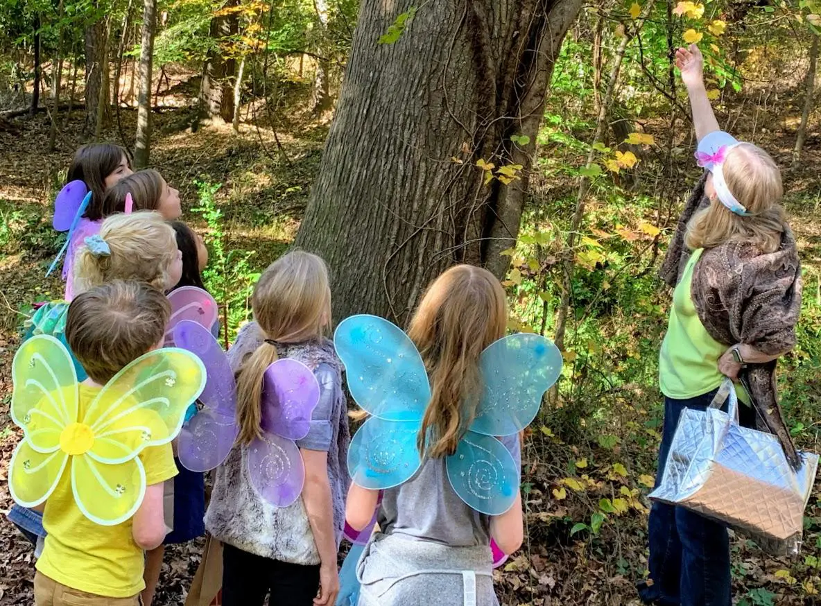 A group of children in fairy costumes standing around. A group of children in fairy costumes standing around.