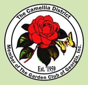 Camela District LOGO-2 A red rose with a butterfly on it and the words " camellia district, member of the garden club of georgia inc."
