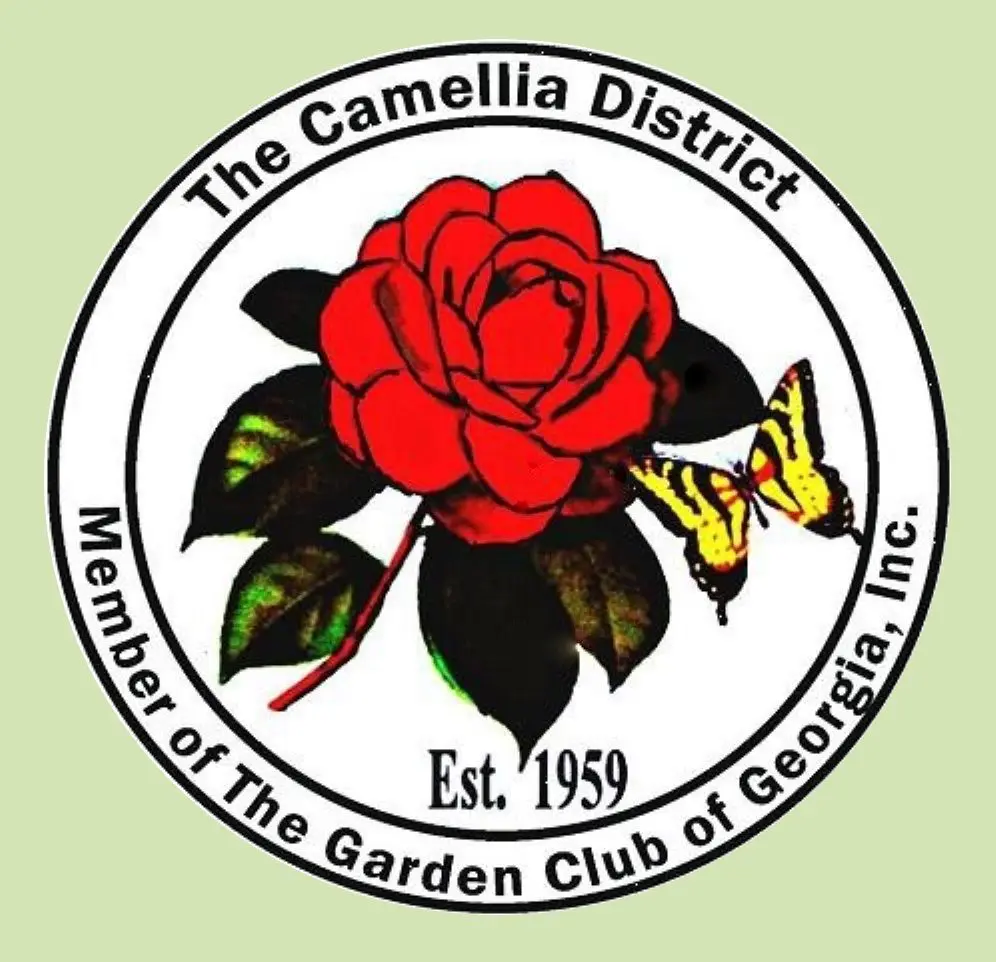 A red rose with a butterfly on it and the words " camellia district, member of the garden club of georgia inc."