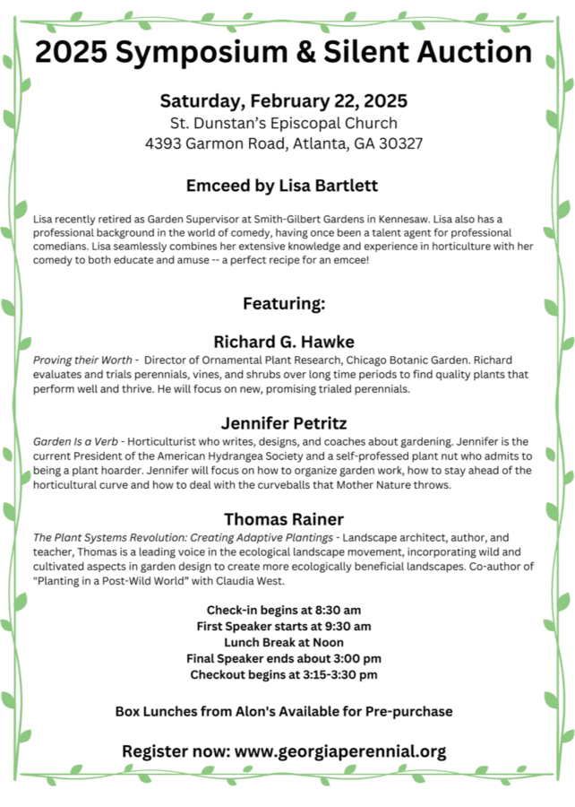 final symposium card Flyer for 2025 Symposium & Silent Auction featuring speakers on gardening and horticulture.