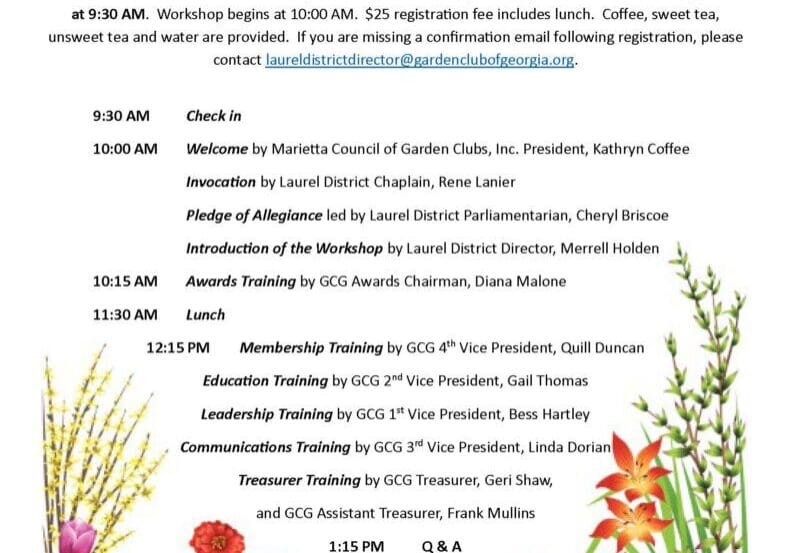 Laurel District Leadership Training 2025 Invite_Page_1 A colorful floral calendar page for March 2024 with seasonal gardening tips.