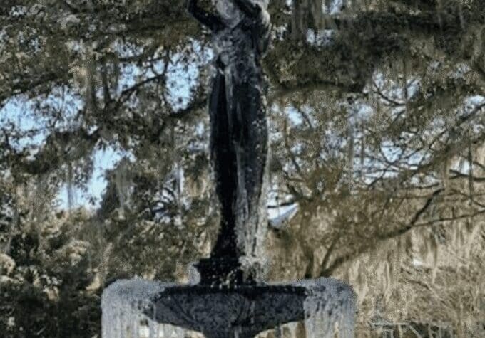 The Garden Keeper fountain, frozen in time